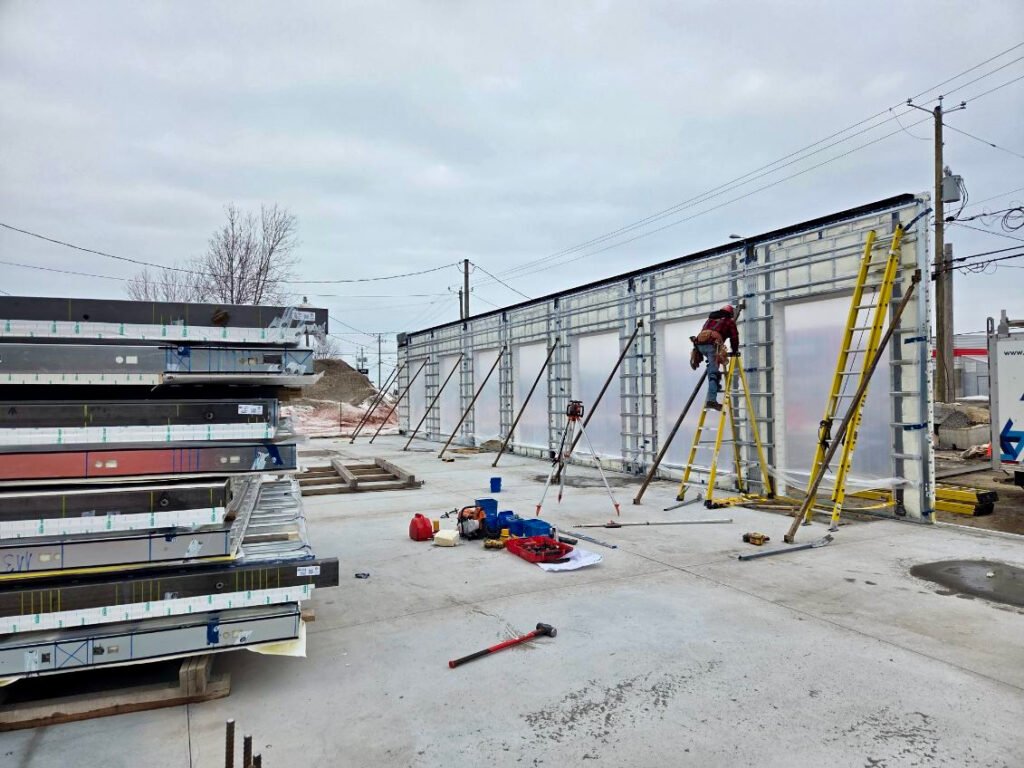 Construction site safety on a condo job site in Saint-Henri – prefabricated steel wall framing, MSC Construction